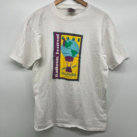 Oneida Tops - Vintage 1991‎ Balloon Festival Sea World T Shirt Size XL White Single Stitched